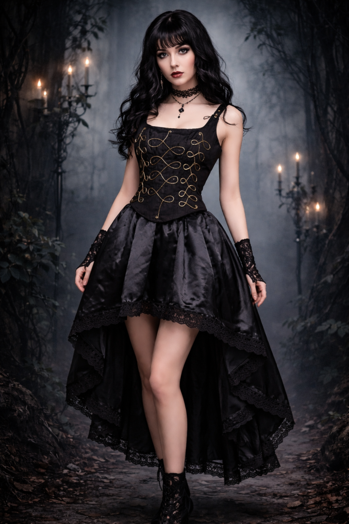 jupe courte devant longue derrière, haut bustier brodé